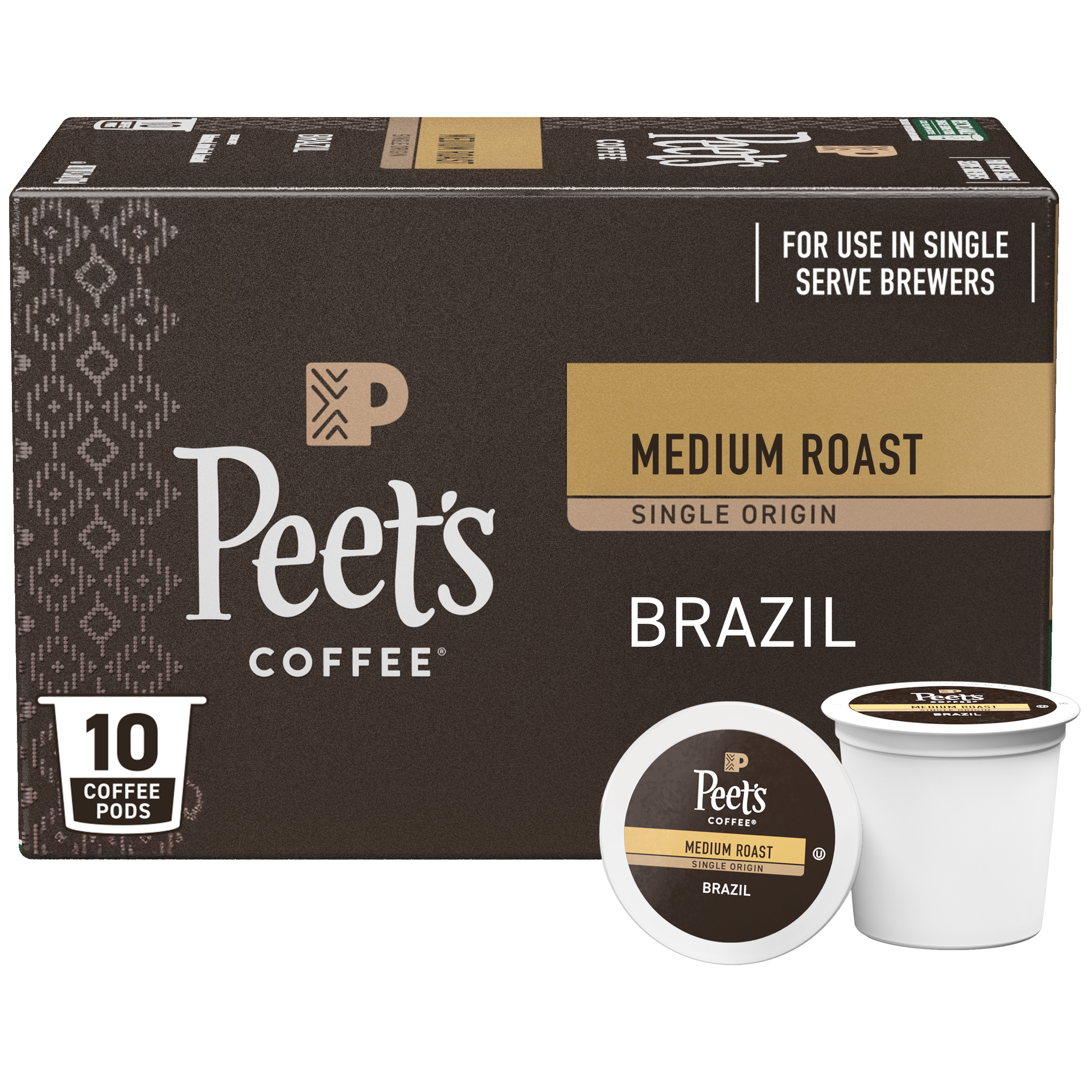 Box of Peet's Coffee single-origin Brazil coffee pods with a coffee pod on a white background.